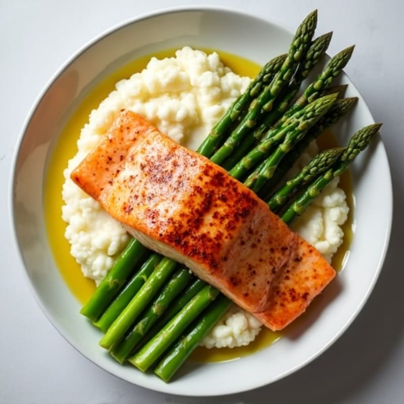 Seared Salmon with Steamed Asparagus and Cauliflower Mash