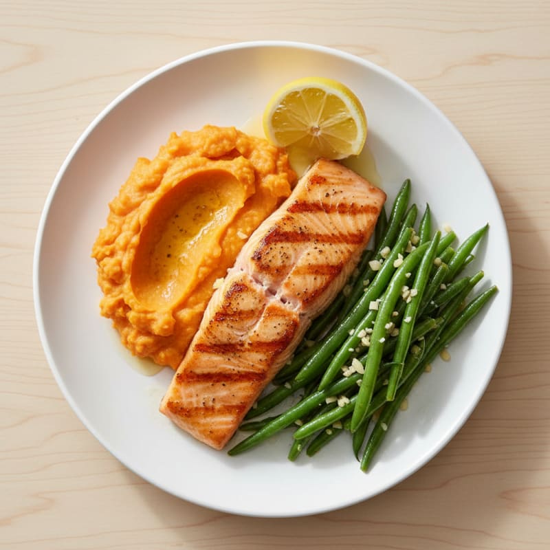 Seared Salmon Fillet with Garlic Green Beans and Sweet Potato Mash