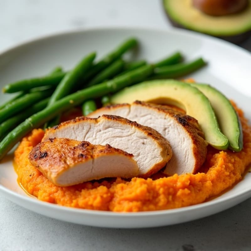 Seared Turkey Breast with Steamed Green Beans and Sweet Potato Mash
