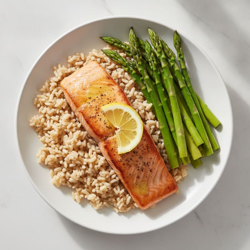 Seared Salmon with Steamed Asparagus and Brown Rice