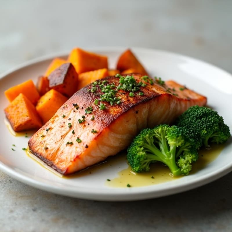 Pan-Seared Salmon with Roasted Sweet Potatoes and Steamed Broccoli