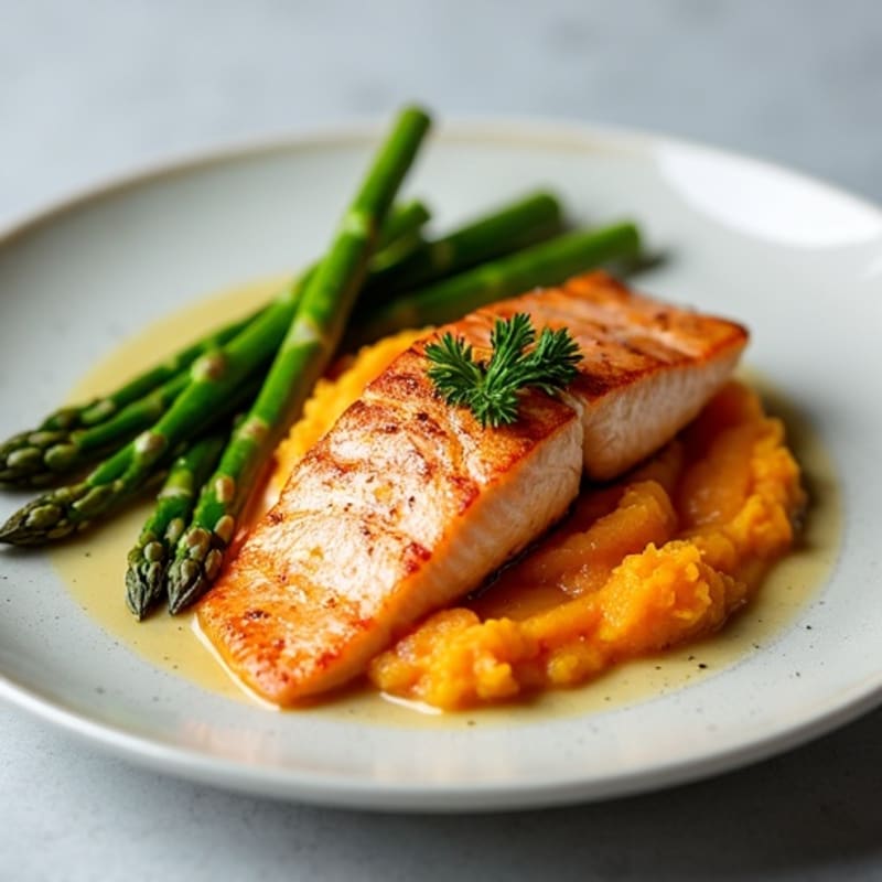 Seared Salmon with Steamed Asparagus and Sweet Potato Mash