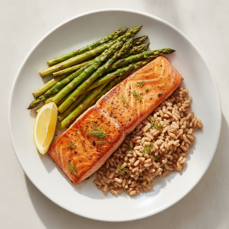 Seared Salmon Fillet with Herb-Roasted Asparagus and Brown Rice