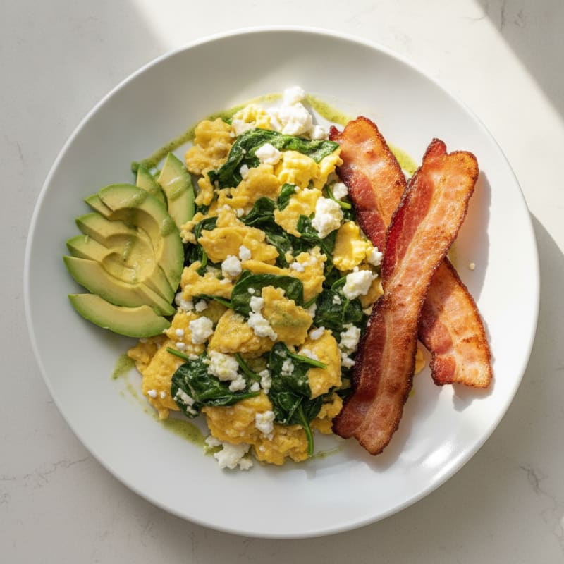 Cottage Cheese Egg Scramble with Spinach and Turkey Bacon