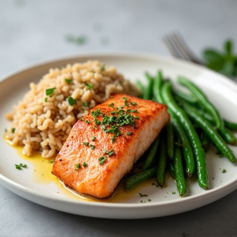 Seared Salmon with Garlic Green Beans and Brown Rice
