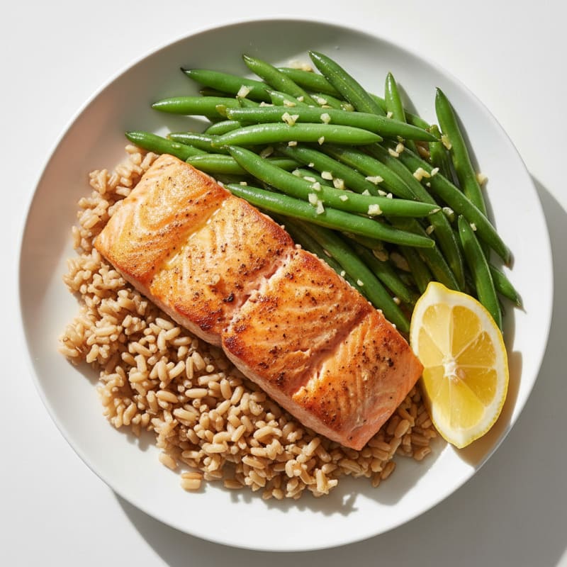 Seared Salmon with Garlic Green Beans and Brown Rice