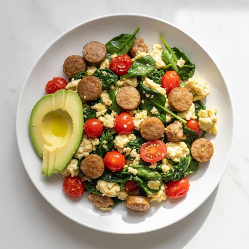 Egg White and Turkey Sausage Scramble with Spinach and Tomatoes