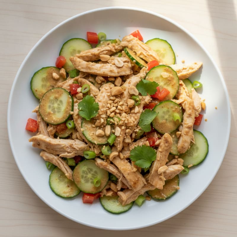 Shredded Chicken Cucumber Salad with Peanut Dressing