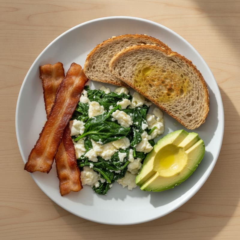 Crispy Turkey Bacon and Egg White Scramble with Sautéed Spinach