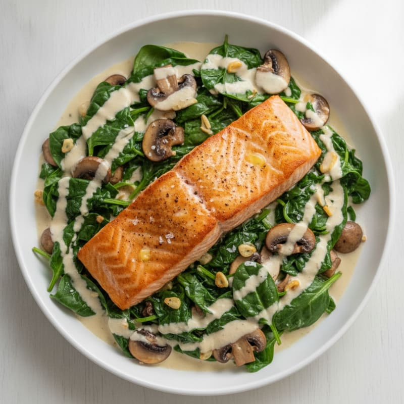 Pan-Seared Salmon with Creamy Mushroom Spinach