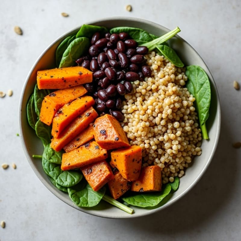 Hearty Black Bean and Quinoa Bowl with Roasted Sweet Potatoes and Fresh Greens