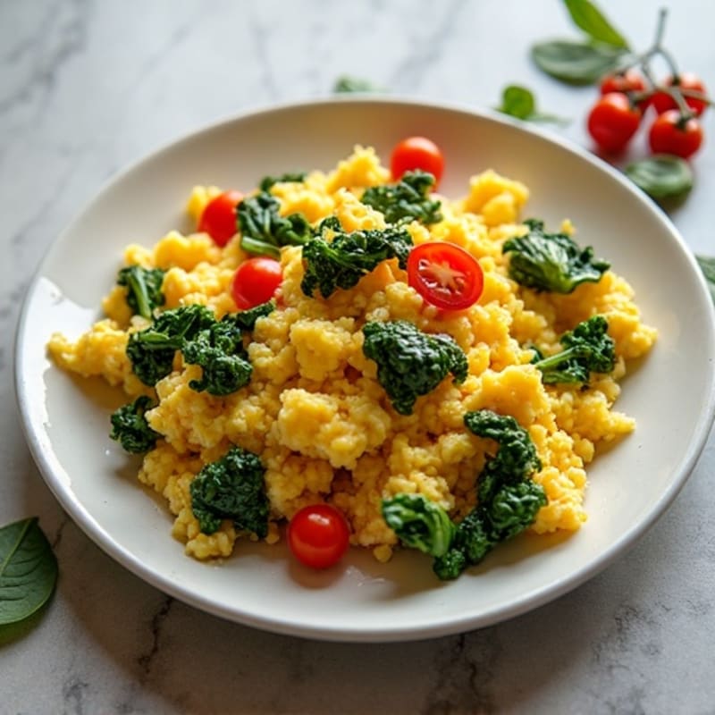 Fluffy Scrambled Eggs with Sautéed Spinach and Cherry Tomatoes