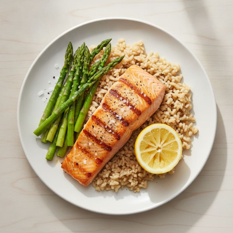 Seared Salmon with Steamed Asparagus and Brown Rice
