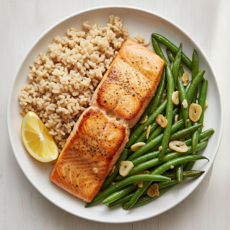 Seared Salmon with Garlic Green Beans and Brown Rice