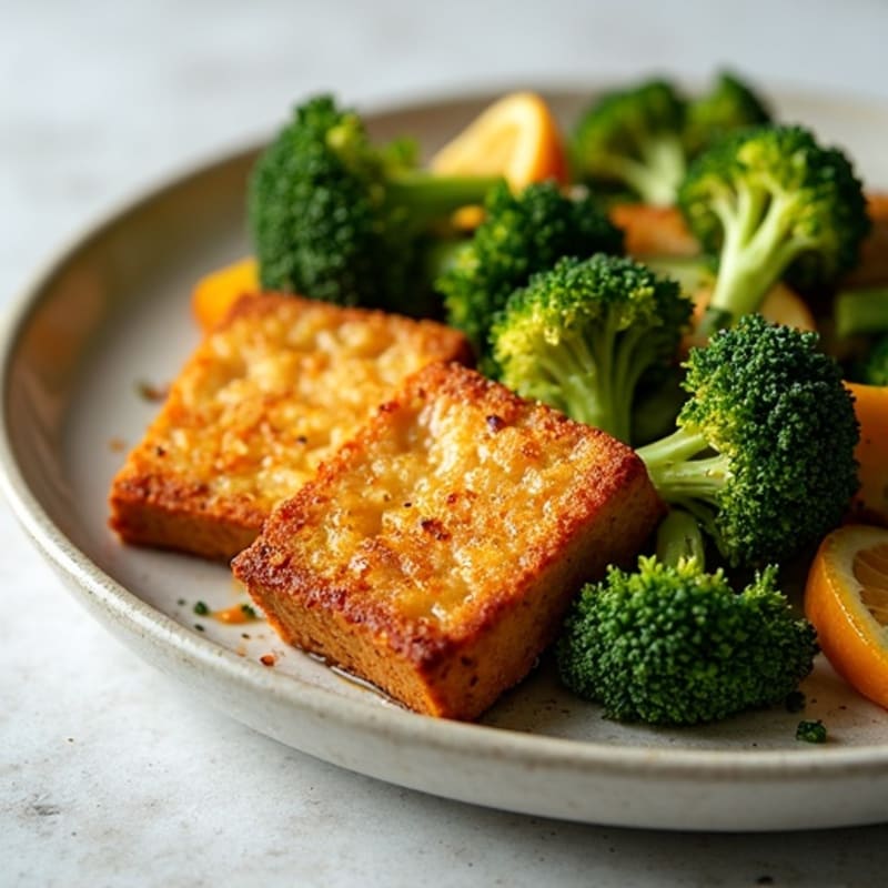 Crispy Baked Tofu with Roasted Garlic Broccoli