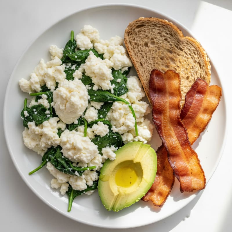 Egg White and Cottage Cheese Scramble with Sautéed Spinach and Turkey Bacon