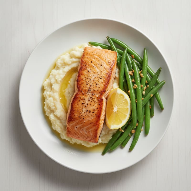 Seared Salmon with Garlic Green Beans and Cauliflower Mash
