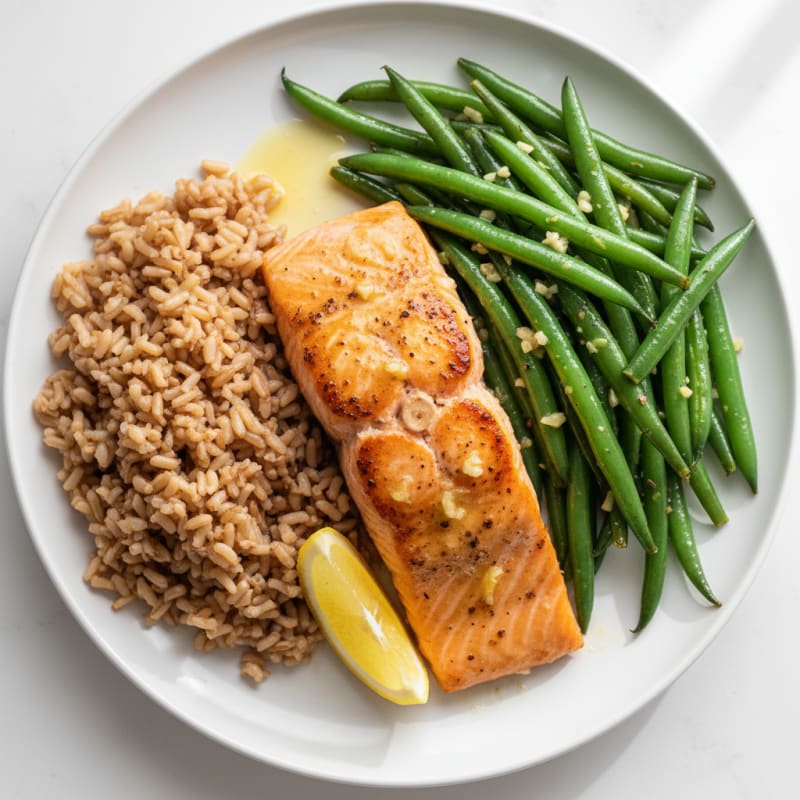 Seared Salmon Fillet with Garlic Green Beans and Brown Rice