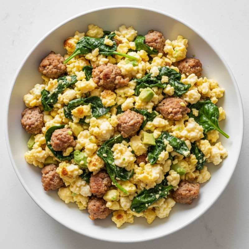 Cottage Cheese Scramble with Turkey Sausage and Spinach