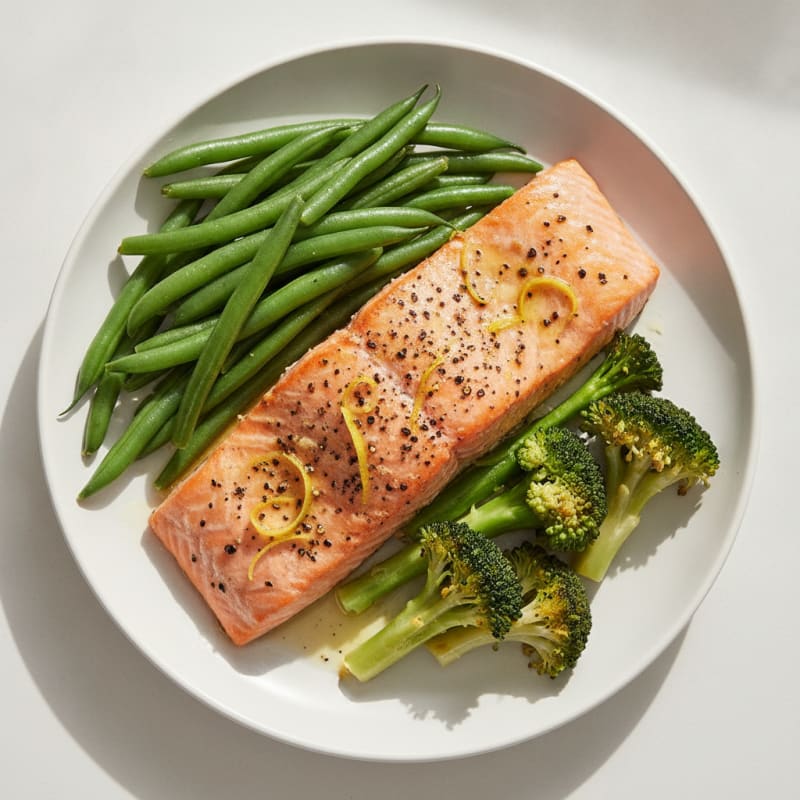 Seared Salmon with Steamed Green Beans and Broccoli