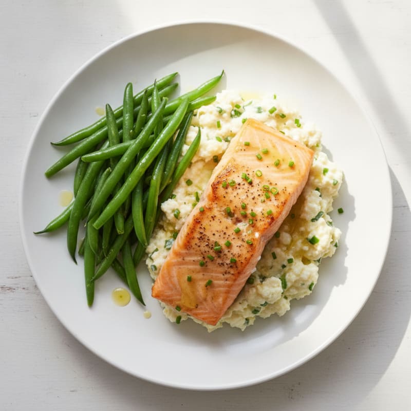 Baked Salmon with Cottage Cheese Mash and Steamed Green Beans