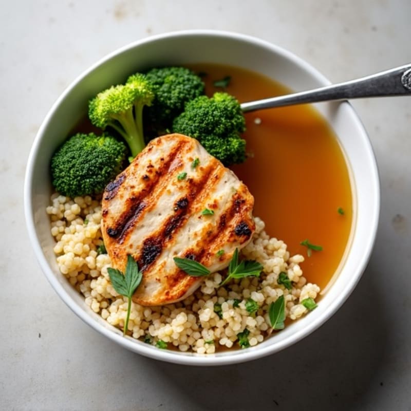 Grilled Chicken and Quinoa Bowl with Roasted Broccoli and Bone Broth