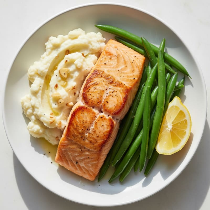Seared Salmon with Steamed Green Beans and Garlic Mashed Cauliflower