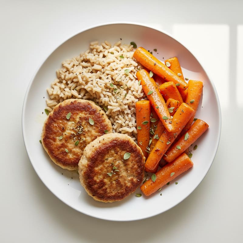 Seared Turkey Patties with Brown Rice and Roasted Carrots