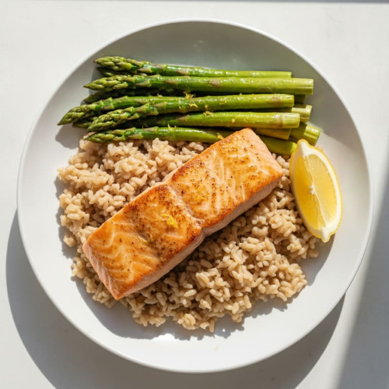 Seared Salmon with Steamed Asparagus and Brown Rice