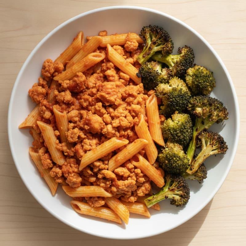 Lean Ground Turkey Pasta with Roasted Broccoli