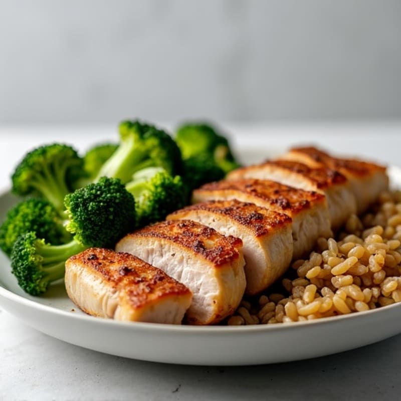 Seared Pork Tenderloin with Roasted Broccoli and Brown Rice