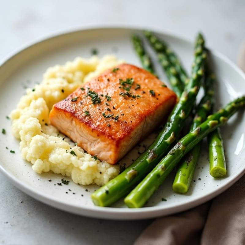 Seared Salmon with Steamed Asparagus and Garlic Mashed Cauliflower