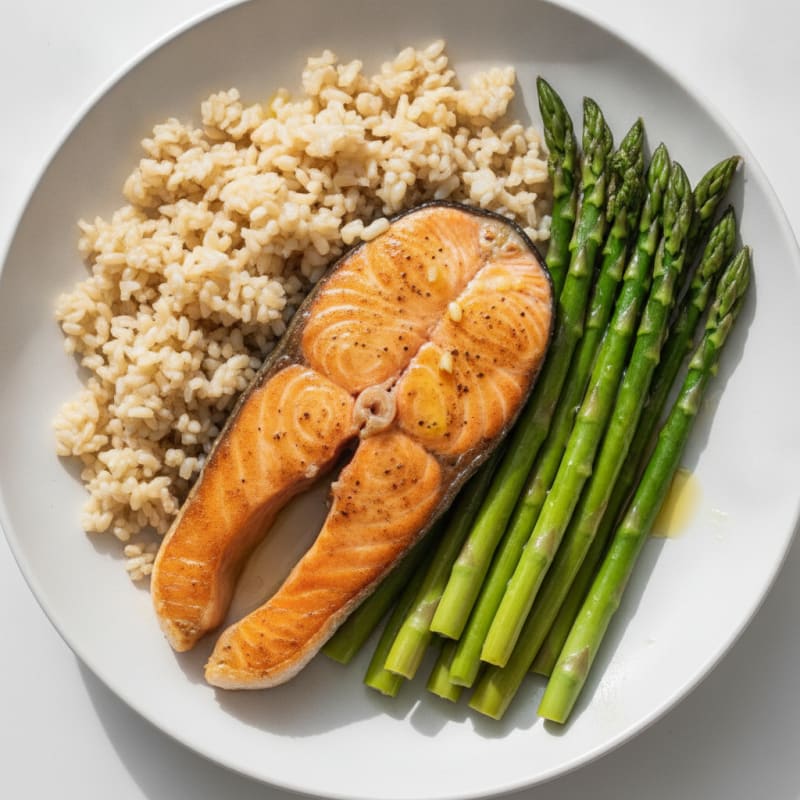 Seared Salmon with Steamed Asparagus and Brown Rice