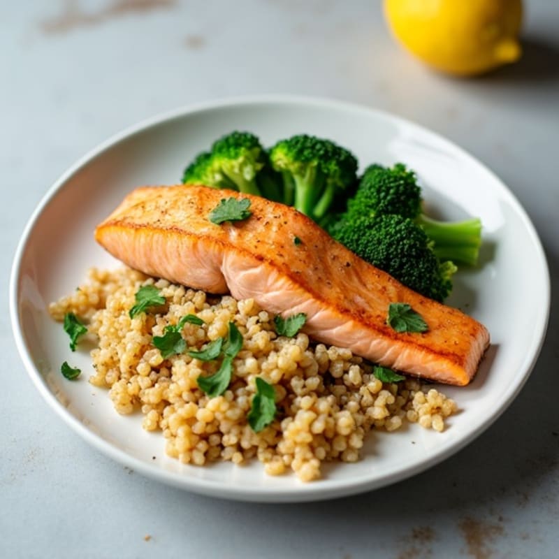 Seared Salmon with Steamed Broccoli and Quinoa
