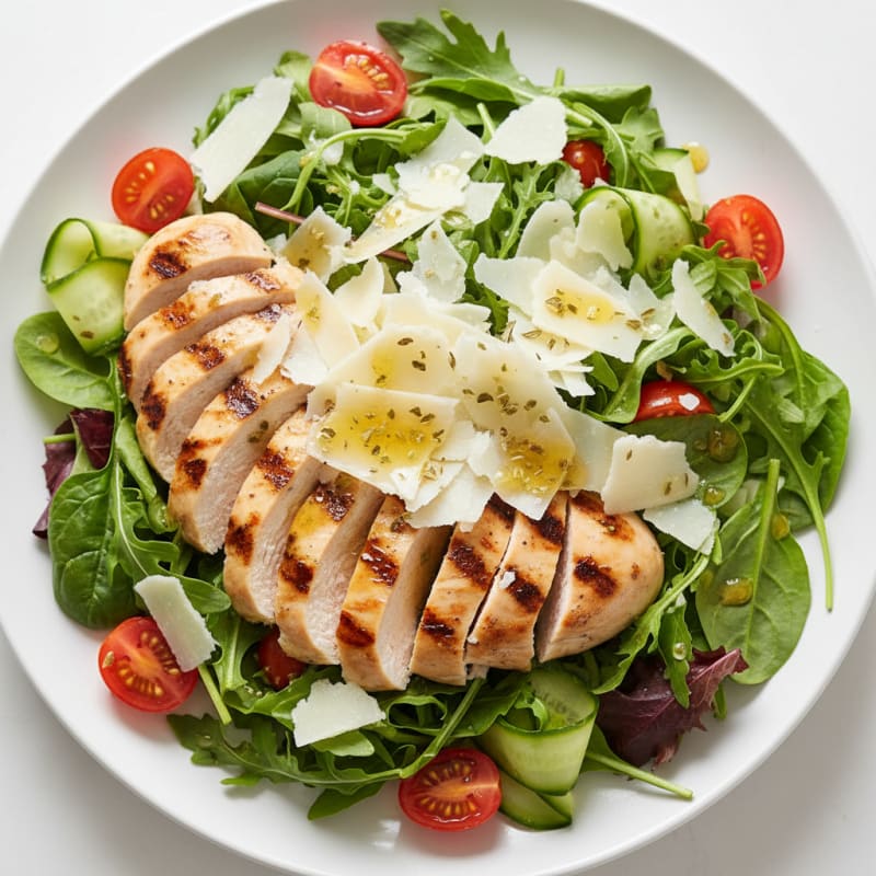 Grilled Chicken Breast Salad with Mixed Greens and Shaved Parmesan
