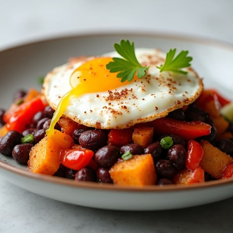 Crispy Sweet Potato and Black Bean Hash with Creamy Poached Eggs