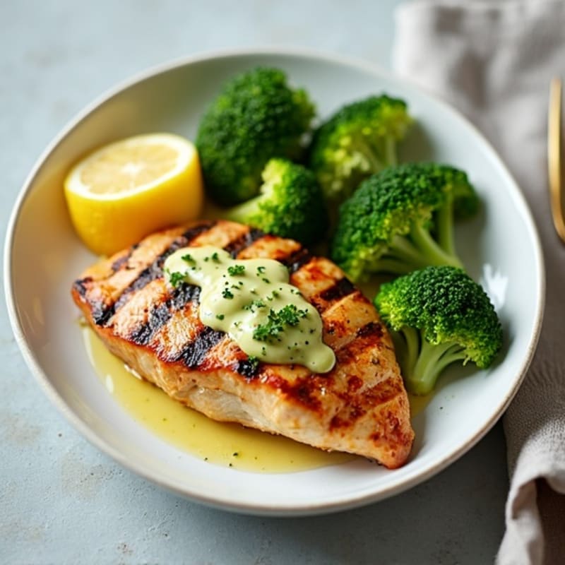 Grilled Chicken Breast with Steamed Broccoli and Lemon