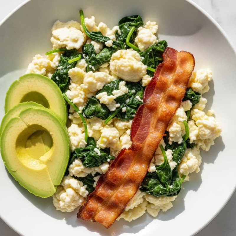 Crispy Turkey Bacon and Egg White Scramble with Sautéed Spinach