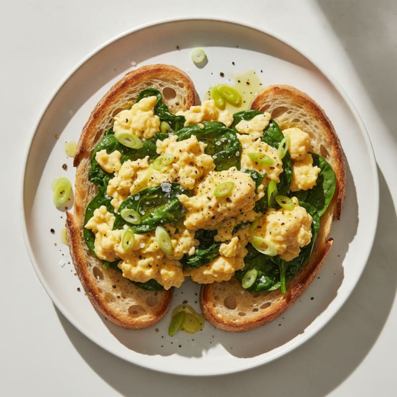 Scrambled Eggs with Spinach and Spring Onion on Toast