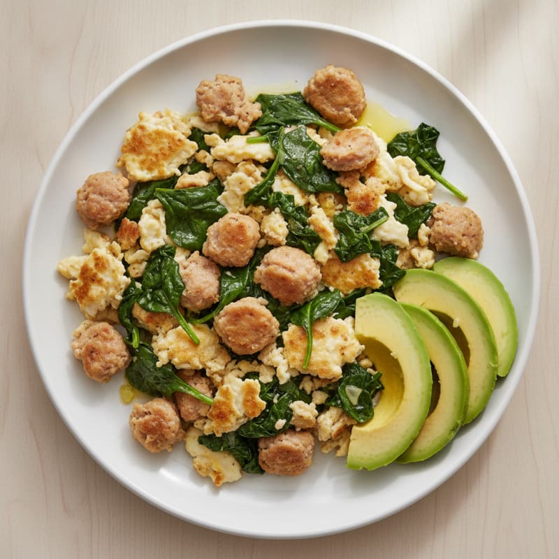 Egg White Scramble with Turkey Sausage and Sautéed Spinach