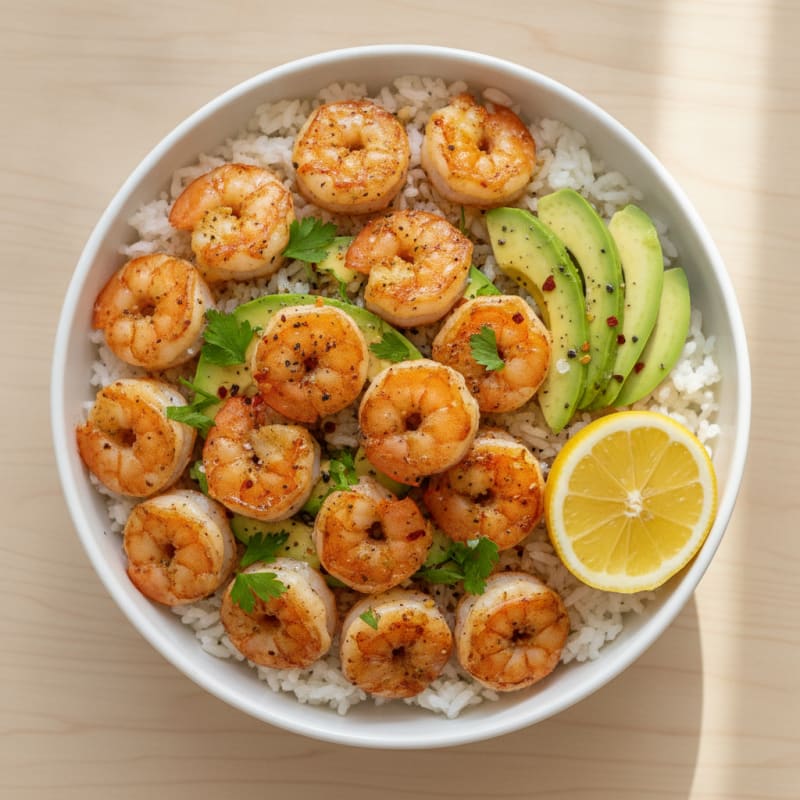 Garlic Shrimp and Avocado Rice Bowl