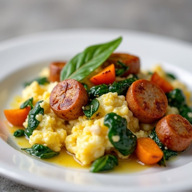 Egg White and Turkey Sausage Scramble with Spinach and Roasted Sweet Potatoes