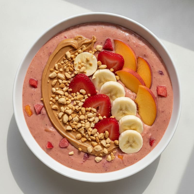 Strawberry Peach Whey Protein Smoothie Bowl with Crunchy Peanut Topping
