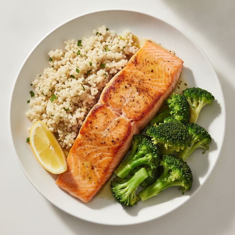 Seared Salmon with Steamed Broccoli and Quinoa