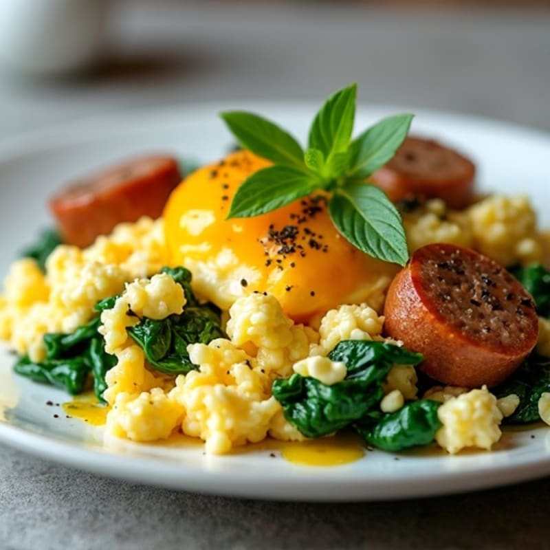 Cottage Cheese Scramble with Turkey Sausage and Sautéed Spinach