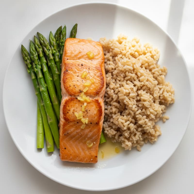 Seared Salmon with Steamed Asparagus and Brown Rice