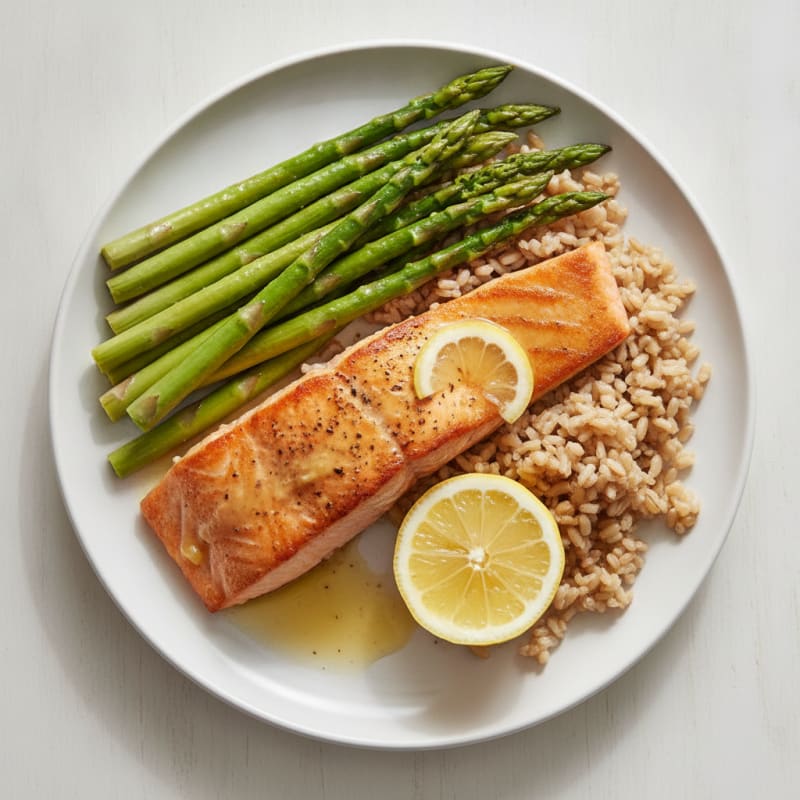 Seared Salmon with Steamed Asparagus and Brown Rice