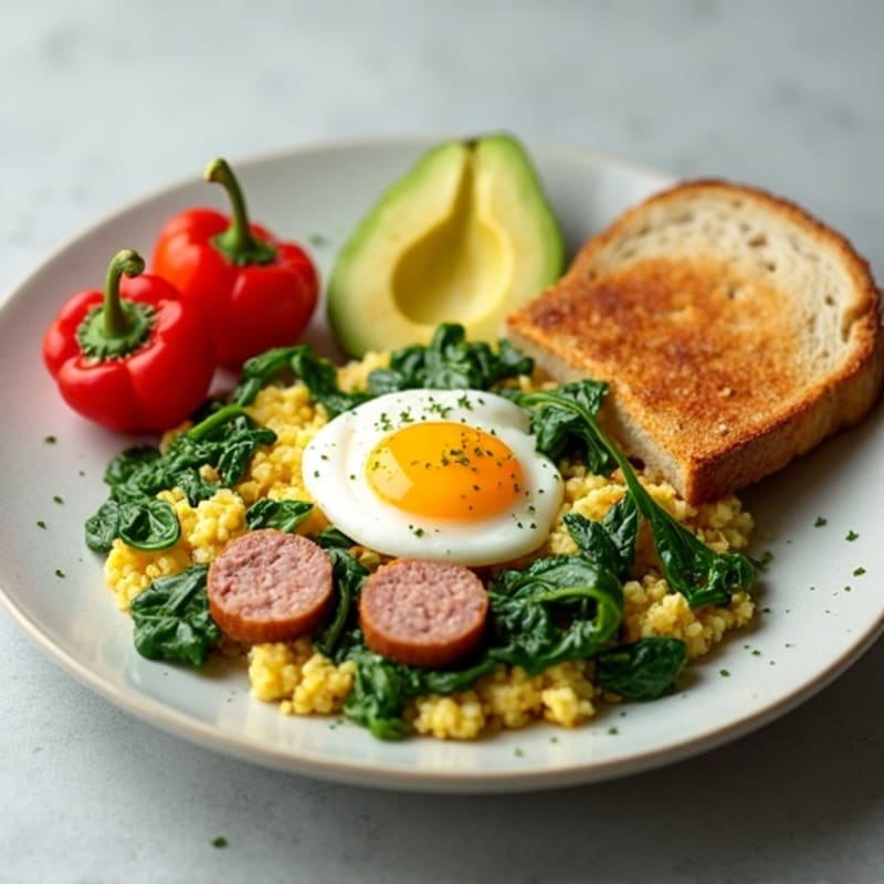 Egg White Spinach Scramble with Turkey Sausage and Toast