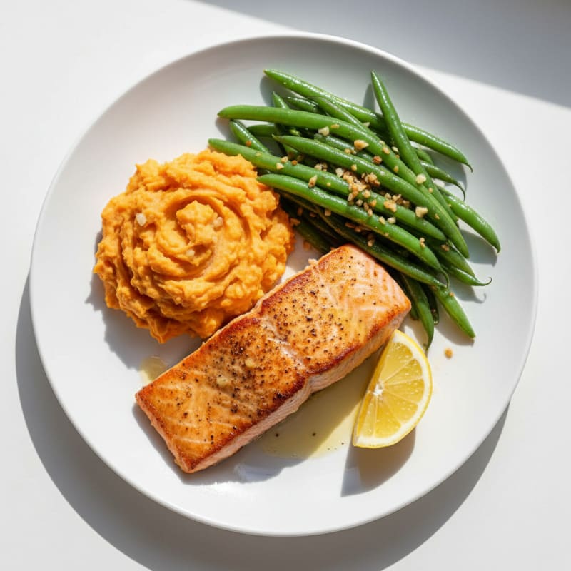 Seared Salmon with Garlic Green Beans and Mashed Sweet Potatoes