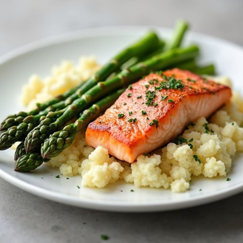 Seared Salmon with Steamed Asparagus and Garlic Mashed Cauliflower